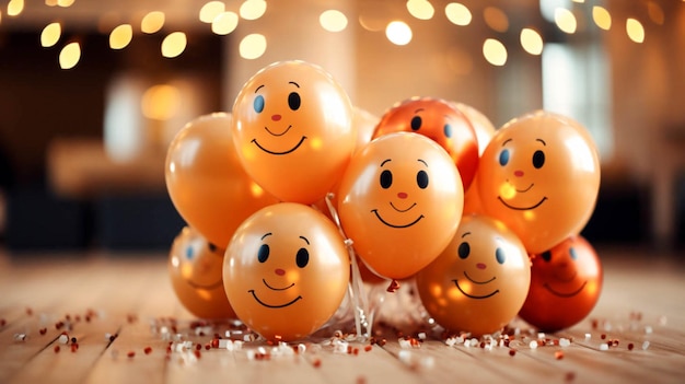 Zdjęcie dekoracja imprezy urodzinowej i kolorowe balony z narysowanymi różnymi twarzami emotikonami wiele śmiechu uśmiech na beżowym tle
