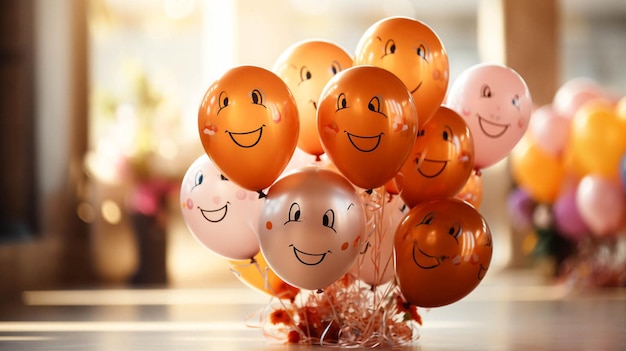 Zdjęcie dekoracja imprezy urodzinowej i kolorowe balony z narysowanymi różnymi twarzami emotikonami wiele śmiechu uśmiech na beżowym tle
