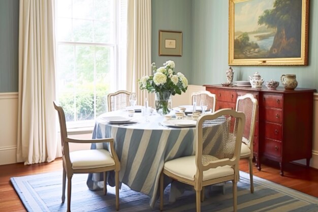 Zdjęcie dekoracja jadalni projektowanie wnętrz i udoskonalenie domu elegancki stół z krzesłami meble i klasyczne niebieskie dekoracje domowe w stylu wiejskim