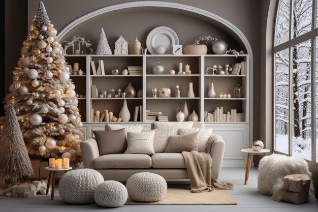 Zdjęcie dekoracja noworoczna w stylu skandynawskim wnętrze białe beżowe oliwko-szare minimalistyczne