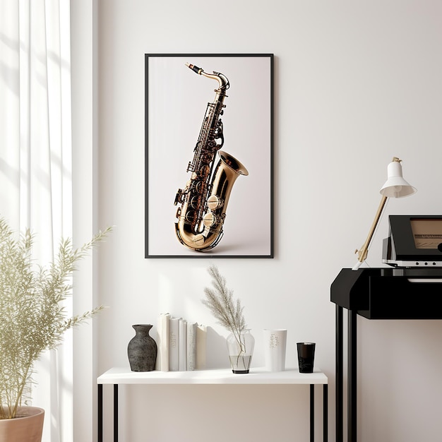 Zdjęcie dekoracja plakatów saksofonowych na białej ścianie