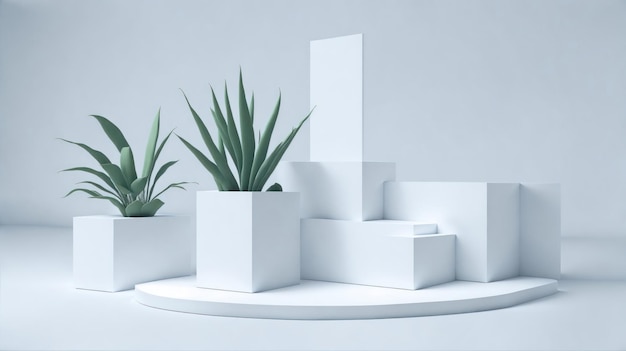 Dekoracja podium 3D z prostą geometrią, biały kolor i zielone rośliny dla czystego tematu sceny