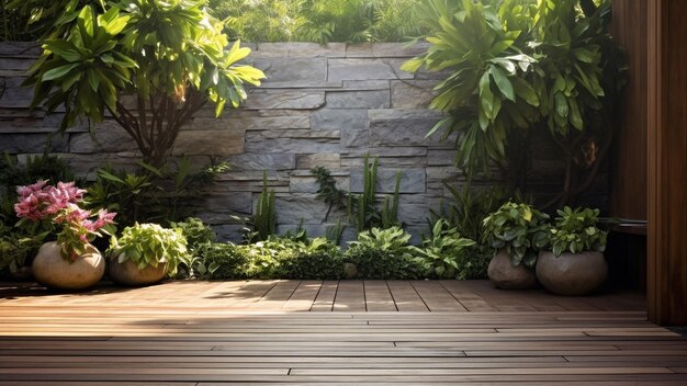 Zdjęcie dekoracja podwórka z zielonymi roślinami i kamiennym wypoczynkiem i relaksem w koncepcji ogrodu domowego