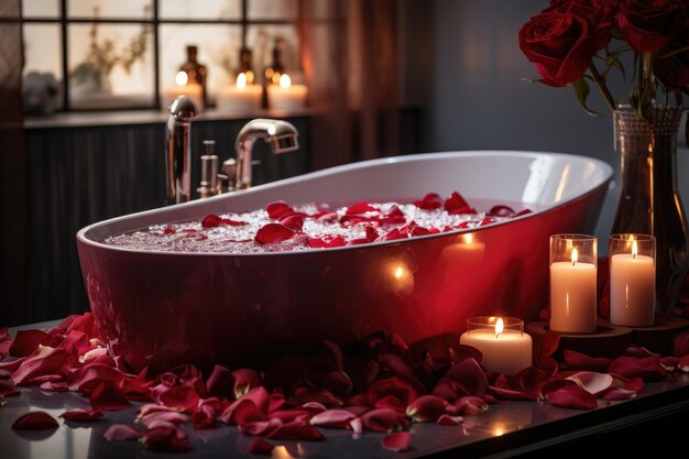 dekoracja romantyczna wanna z płonącymi świecami ręczniki płatek kwiatu inspiracje pomysły