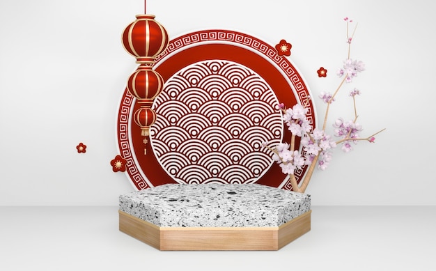Dekoracja sakura i sześciokątna granitowa koncepcja podium. Renderowanie 3D