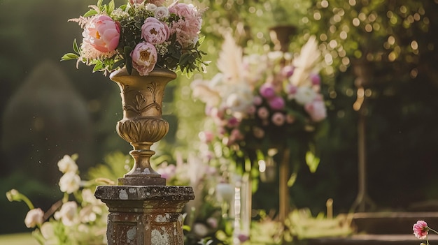 Dekoracja ślubna z piwonami dekoracja kwiatowa i uroczystość świętowanie wydarzenia kwiaty piwonów i ceremonia ślubna w ogrodzie w angielskim stylu wiejskim