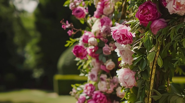 Dekoracja ślubna z piwonami dekoracja kwiatowa i uroczystość świętowanie wydarzenia kwiaty piwonów i ceremonia ślubna w ogrodzie w angielskim stylu wiejskim