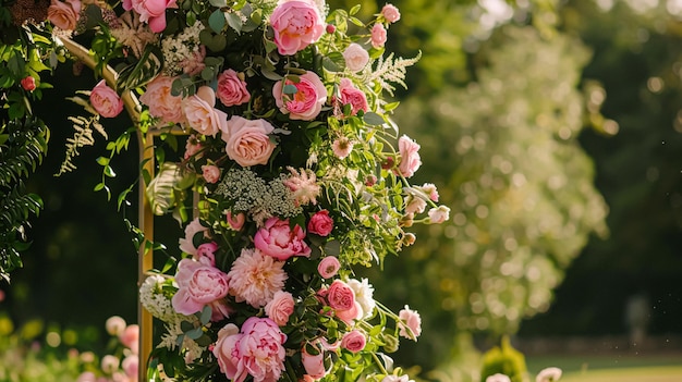 Zdjęcie dekoracja ślubna z piwonami dekoracja kwiatowa i uroczystość świętowanie wydarzenia kwiaty piwonów i ceremonia ślubna w ogrodzie w angielskim stylu wiejskim