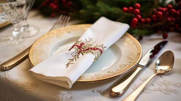 Dekoracja stołu świątecznego stół świąteczny krajobraz i stół kolacyjny dekoracja uroczystego wydarzenia na świętowanie Nowego Roku w rodzinie inspiracja stylizacją angielskiego kraju i domu