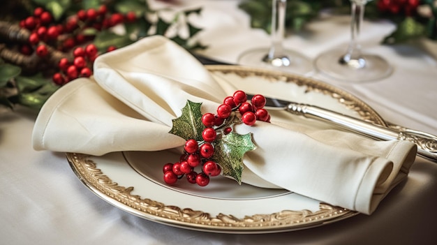 Dekoracja stołu świąteczny krajobraz i formalny układ stołu obiadowego na święta Bożego Narodzenia i świętowanie wydarzeń angielska dekoracja wiejska i stylistyka domowa