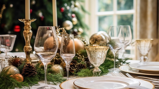 Dekoracja stołu świąteczny krajobraz i formalny układ stołu obiadowego na święta Bożego Narodzenia i świętowanie wydarzeń angielska dekoracja wiejska i stylistyka domowa