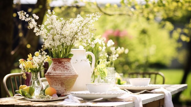 Dekoracja stołu świąteczny stół krajobraz i stół obiadowy w ogrodzie na wsi dekoracja uroczystego wydarzenia na wesele rodzinna uroczystość angielski kraj i dom inspiracja stylistyczna