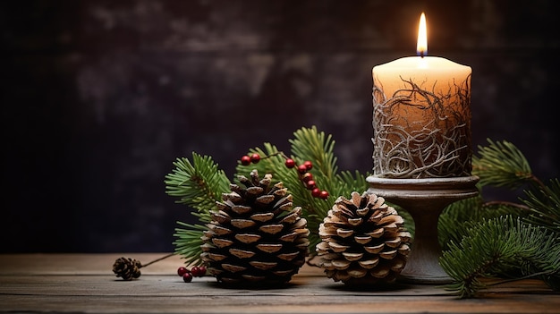 Dekoracja świąteczna z szyszką i zapaloną świecą na drewnianym stole