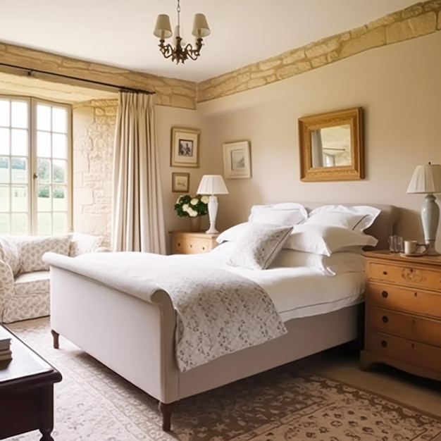 Dekoracja sypialni domku projektowanie wnętrz i wynajem wakacyjny łóżko z elegancką pościelą i antycznymi meblami w stylu angielskiego domu wiejskiego i gospodarstwa rolnego