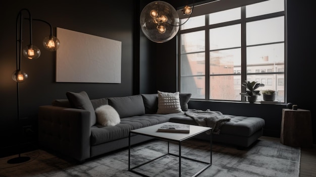 Zdjęcie dekoracja sypialni, projektowanie wnętrz domu, nowoczesny styl przemysłowy z oświadczeniem, oświetlenie ozdobione materiałem betonowym i skórzanym, generatywny ai aig26