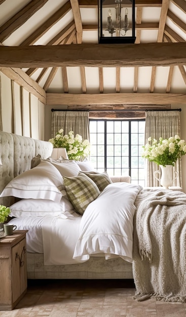 Dekoracja sypialni projektowanie wnętrz i wynajem wakacyjny klasyczne łóżko z elegancką pluszową pościelą i meblami w stylu angielskiego wiejskiego domu i domku
