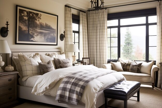 Dekoracja sypialni, projektowanie wnętrz i wynajem wakacyjny Klasyczne łóżko z elegancką pluszową pościelą i meblami
