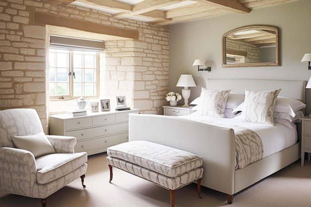 Dekoracja sypialni w stylu domku projektowanie wnętrz i dekoracja domu łóżko z elegancką pościelą i meblami na zamówienie angielski dom wiejski lub wynajem wakacyjny