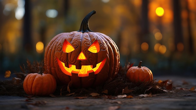 Dekoracja tła świątecznego na Halloween świecąca dyni Generatywna sztuczna inteligencja