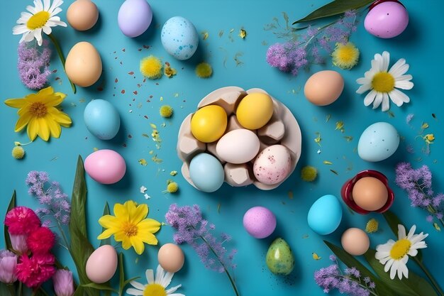 Dekoracja wielkanocna Kompozycja wielkanocna z kolorowymi jajkami i kwiatami Płaska sztuczna inteligencja generatywna