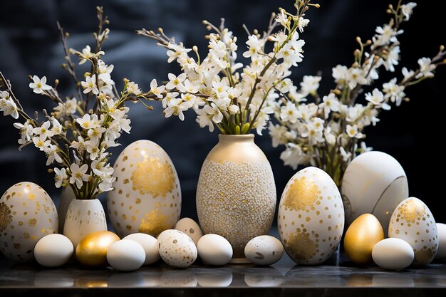 Dekoracja wielkanocna z malowanymi jajkami w białych i złotych kolorach