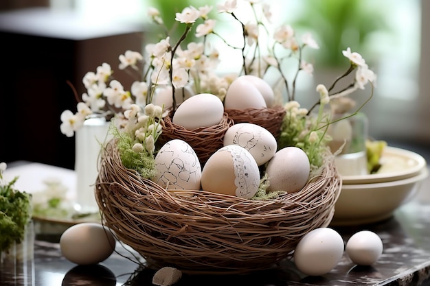 Dekoracja wielkanocna z pomalowanymi białymi jajkami w gnieździe