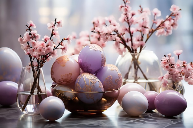 Dekoracja wielkanocna z pomalowanymi jajkami w różowych kolorach