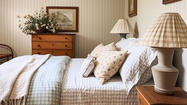 Dekoracja wnętrz i drewniane meble łóżko z wiejską pościelą angielski dom wiejski wynajem wakacyjny i wnętrza w stylu domku