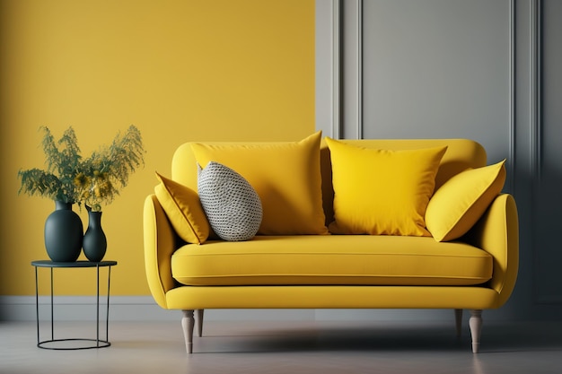 Dekoracja wnętrz salonu z pojedynczą pustą żółtą sofą z tkaniny