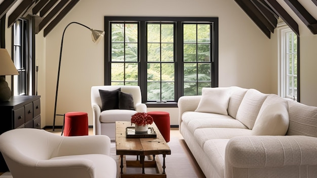 Dekoracja wnętrz w salonie i salonie biała kanapa i meble w angielskim stylu wiejskim i eleganckim stylu domku