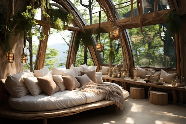 dekoracja wnętrza domku na drzewie inspiracje w stylu minimalistycznym