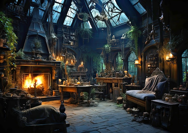 Dekoracja wnętrza domu czarownic w ciemnym lesie