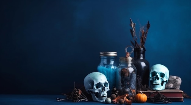 Dekoracje halloween z czaszkami i świecami stworzone za pomocą technologii Generative AI