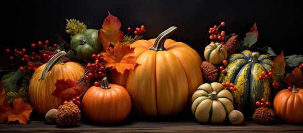 Dekoracje na sezon jesienny z dyniowymi jagodami i liśćmi reprezentują Święto Dziękczynienia