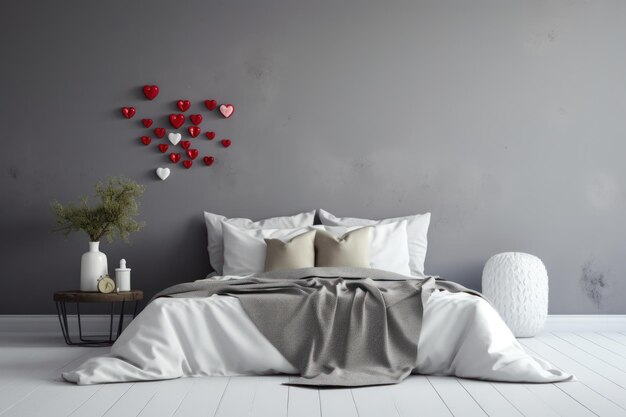 Dekoracje na Walentynki w sypialni z czerwonym sercem i kwiatami Kreatywne uroczyste romantyczne białe wnętrze