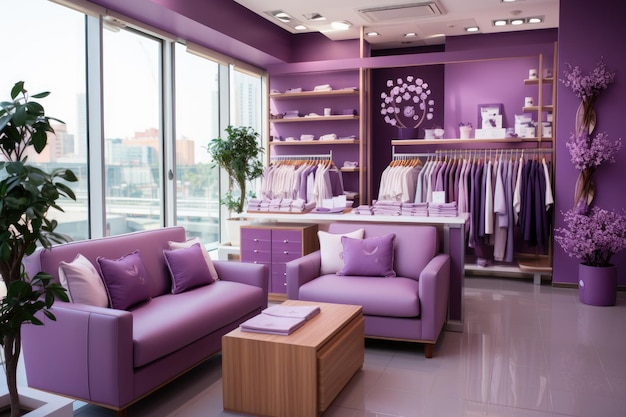 dekoracje sklepu w kolorze fioletowym, fioletowe pomysły na inspiracje
