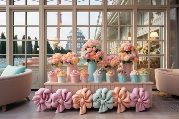 dekoracje sklepu ze słodyczami w pastelowych kolorach, inspirujące pomysły