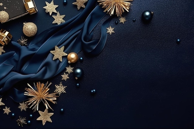 Dekoracje świąteczne rozrzucone na ciemno niebieskiej powierzchni wykonane za pomocą sztucznej inteligencji generatywnej
