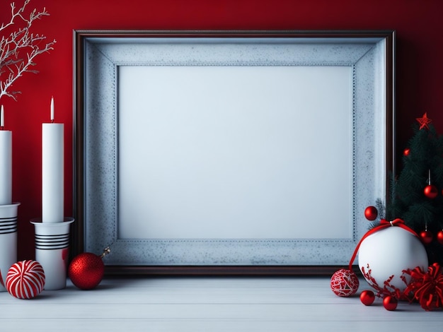 Dekoracje świąteczne w czerwonym wnętrzu z pustą ramką Makieta renderowania 3D