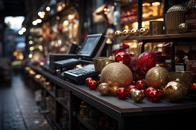 Dekoracje świąteczne w sklepach w pobliżu choinki