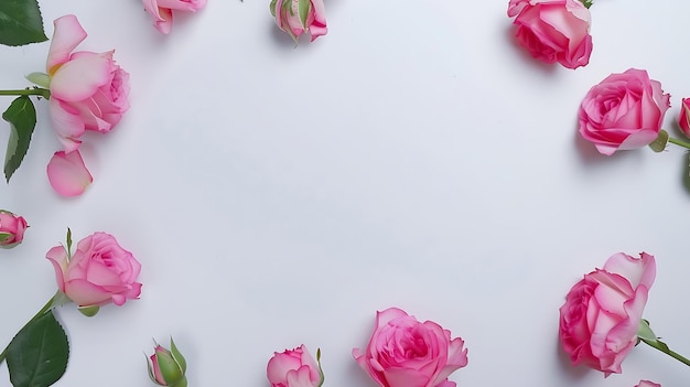 Dekoracyjna ramka z różowymi jasnymi różami na białym tle