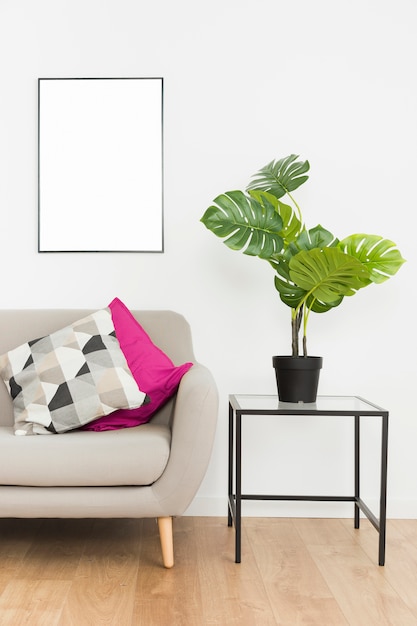 Zdjęcie dekoracyjna roślina z pustą ramą i kanapą