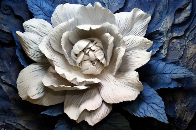 Dekoracyjna rzeźba kwiatowa w kolorze niebieskim z białymi liśćmi w stylu farby teksturowanej Generatywna sztuczna inteligencja
