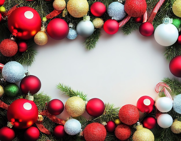 Dekoracyjna świąteczna ramka z ozdobami szyszki jodły gałązki i jagody pokryte płatkami śniegu Świąteczne dekoracje