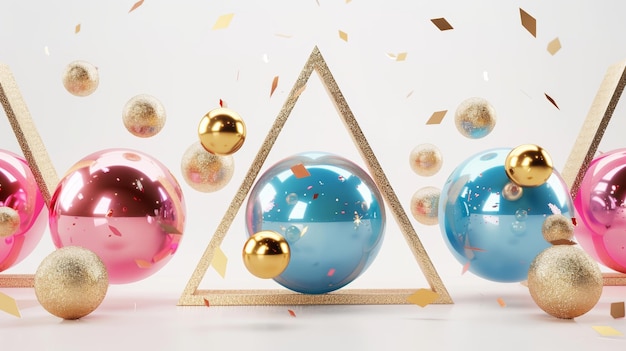 Dekoracyjna trójkątna dziura z kolorowymi różowo-niebieskimi i złotymi kulkami Abstrakcyjne ozdoby bożonarodzeniowe Nowy Rok clip art