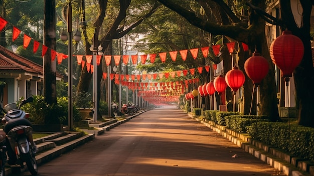 Dekoracyjna ulica ozdobiona indonezyjskimi flagami, lampionami i ornamentami tworzącymi świąteczny klimat