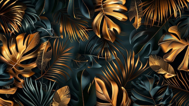 Dekoracyjna złota tapeta z czarnym i złotym tłem Tropikalne liście projektowanie sztuki ściennej z ciemno niebieskimi i zielonymi kolorami błyszcząca złota światła tekstura nowoczesna tapeta muralna nowoczesna
