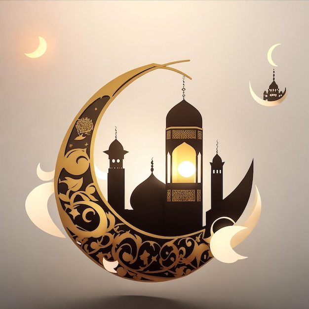 Dekoracyjne arabskie latarnie z płonącymi świecami w półksiężycu Świetlące złote światła bokeh Eid Mubarak Ramadan eid dul fitar Muzułmański święty miesiąc Ramadan Kareem Czarny ciemny Olejny tło