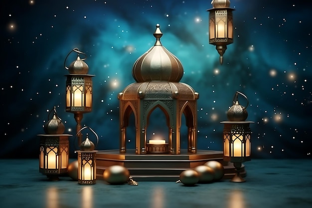 Zdjęcie dekoracyjne eid mubarak realistyczne pozdrowienie z księżycem i latarniami