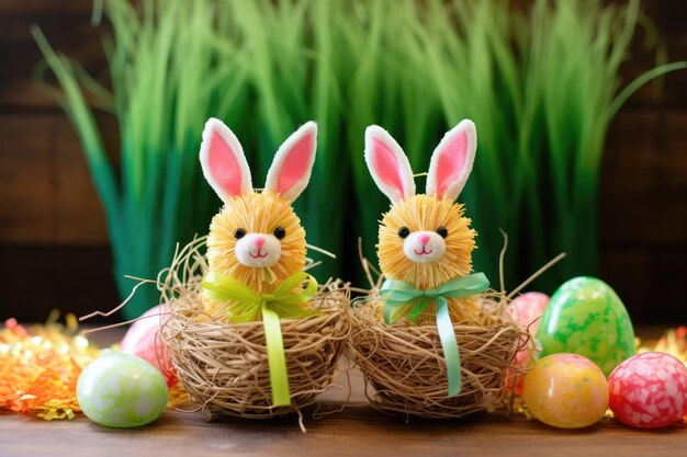 Zdjęcie dekoracyjne słomiane króliczki z malowanymi jajkami